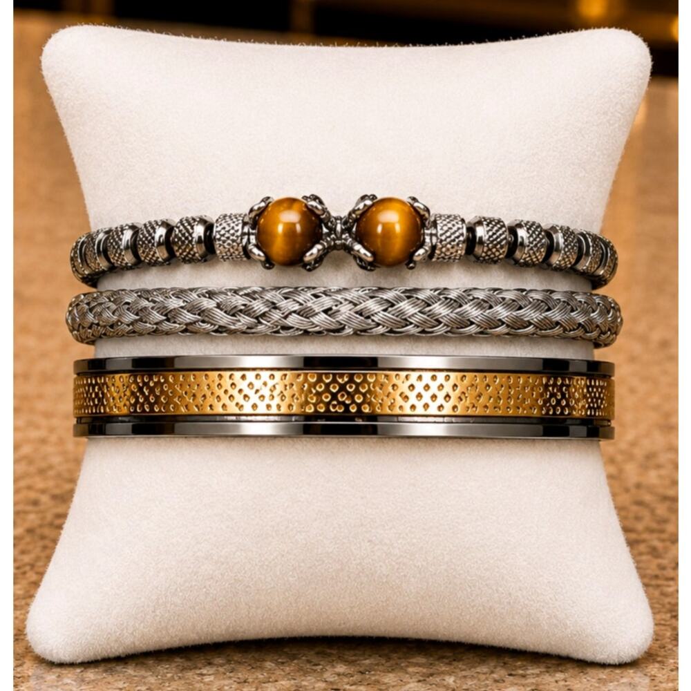 Unisex 3 pc SS Symmetrical Claw Bracelet Set Beaded Golden